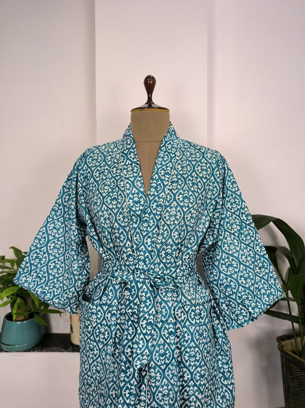 Women's block-printed Cotton Kimono Robe in blue white