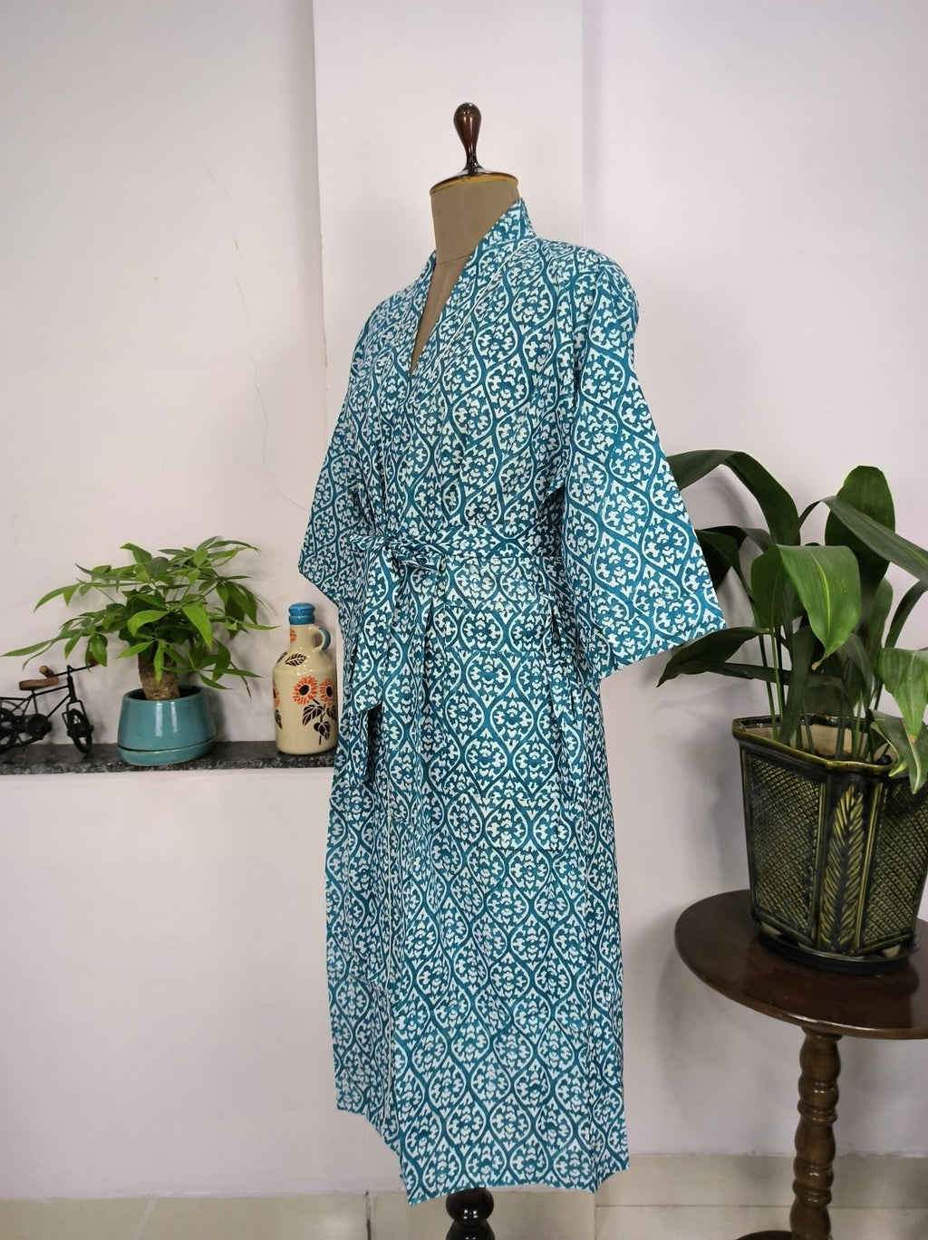 Women's block-printed Cotton Kimono Robe in blue white