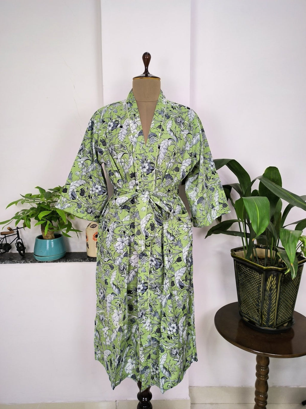 Women's block-printed Cotton Kimono Robe in green pista leaf