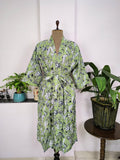 Women's block-printed Cotton Kimono Robe in green pista leaf