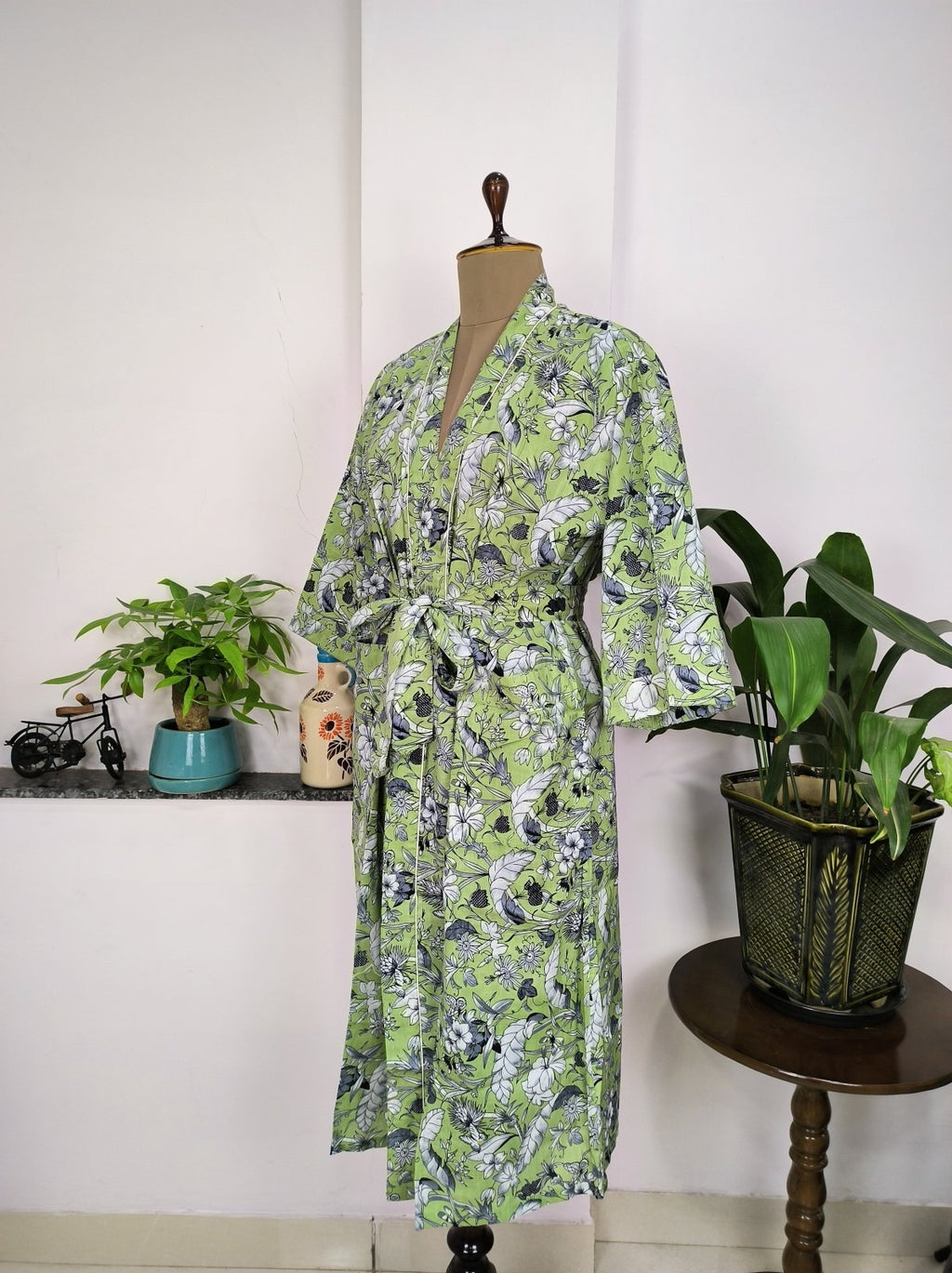 Women's block-printed Cotton Kimono Robe in green pista leaf