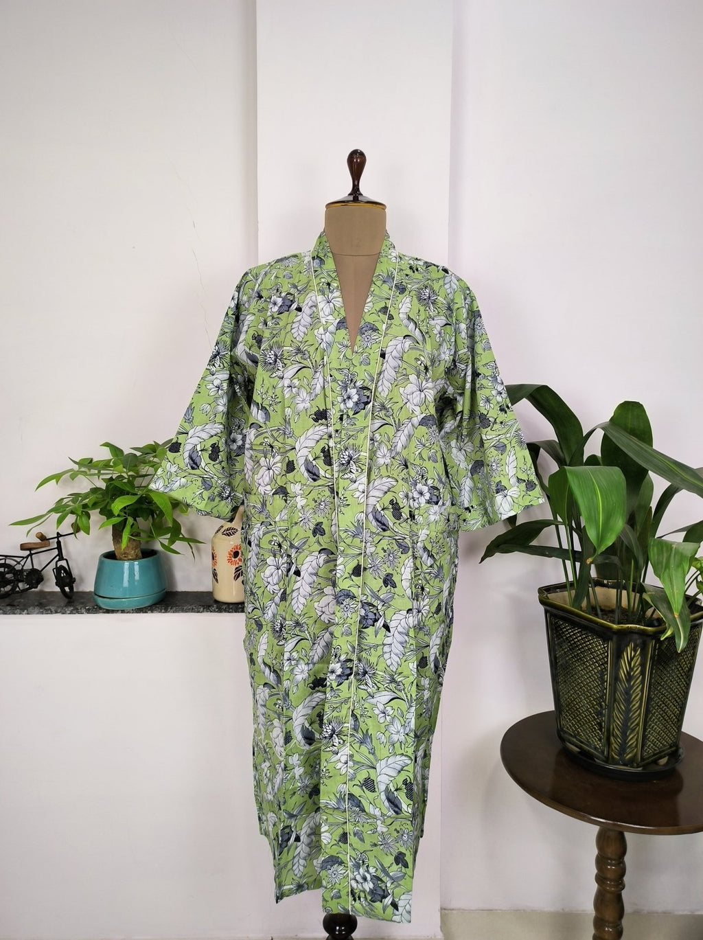 Women's block-printed Cotton Kimono Robe in green pista leaf