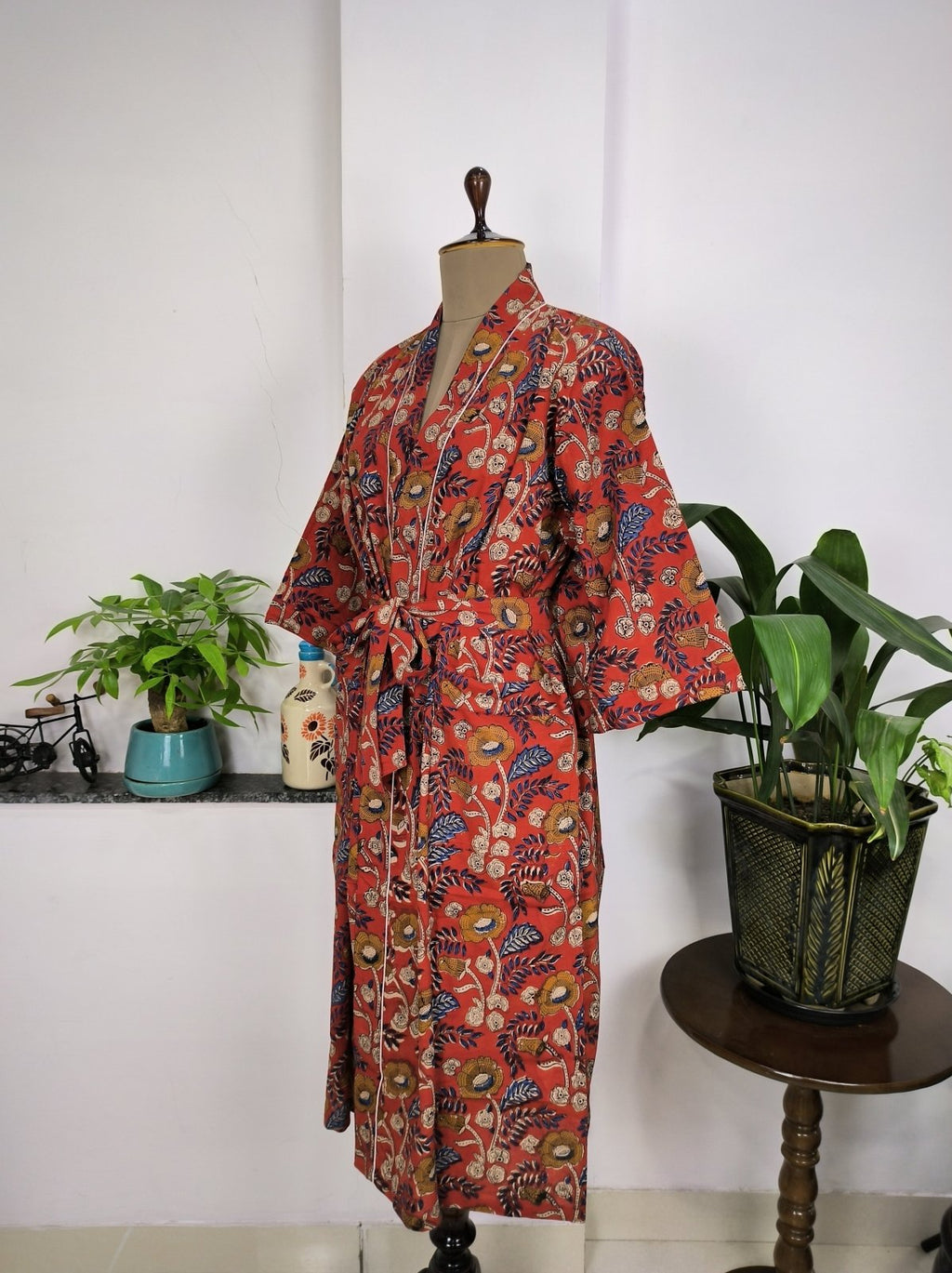 Women's block-printed Cotton Kimono Robe in maroon yellow floral