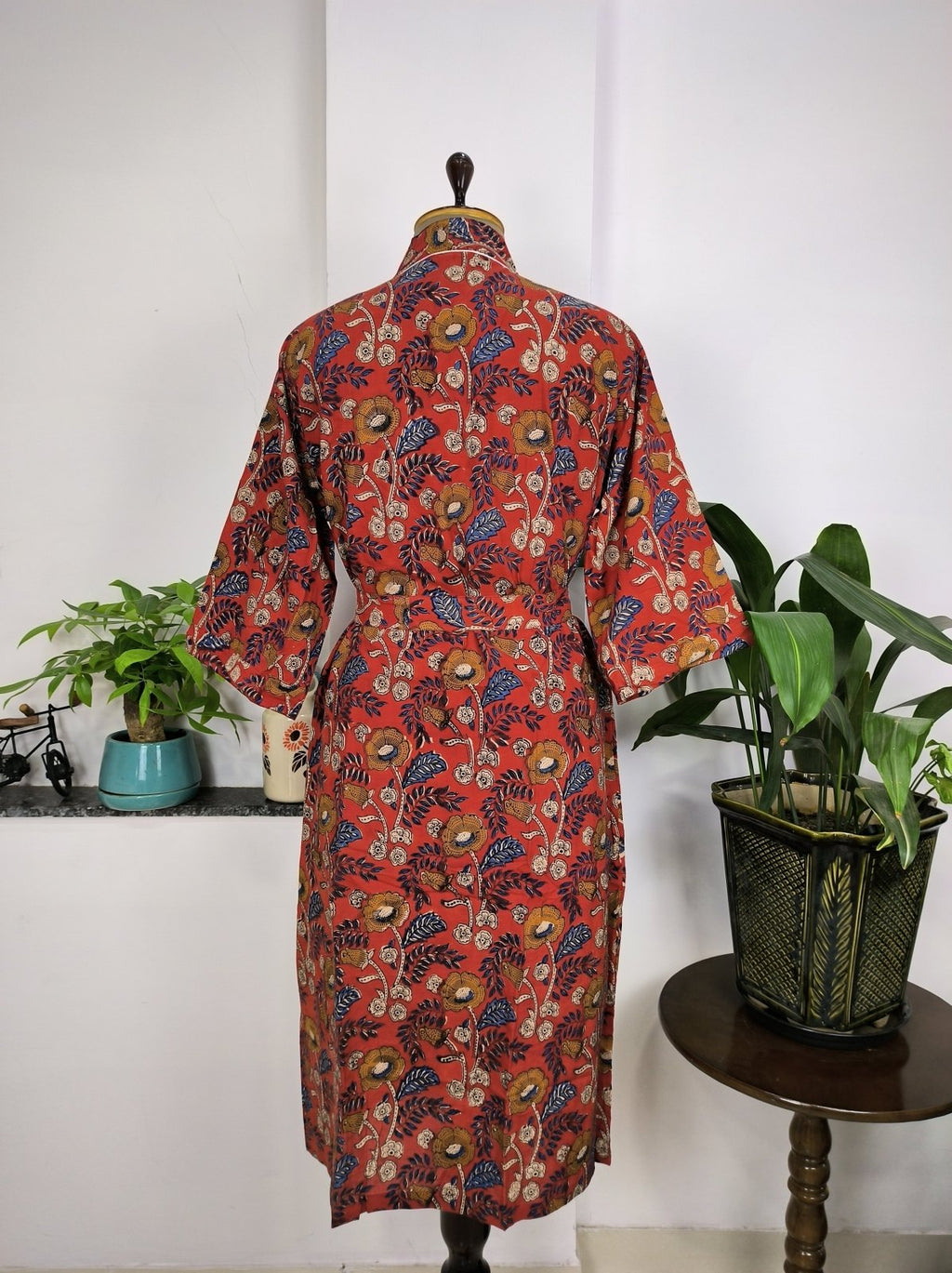 Women's block-printed Cotton Kimono Robe in maroon yellow floral