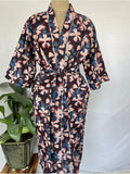 Women's block-printed Cotton Kimono Robe in black blue floral