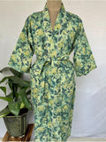 Women's block-printed Cotton Kimono Robe in green floral