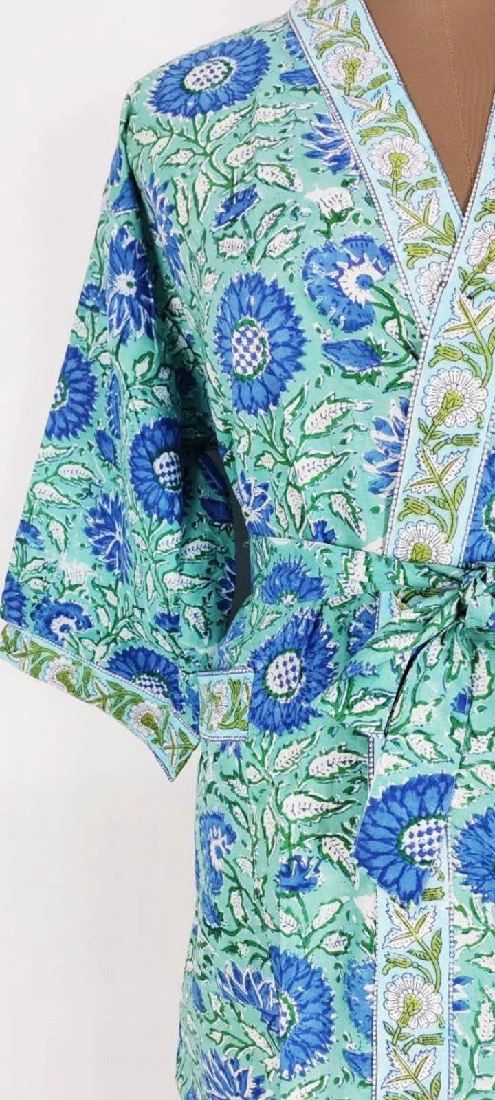 block-printed Cotton Kimono Robe in aqua green floral