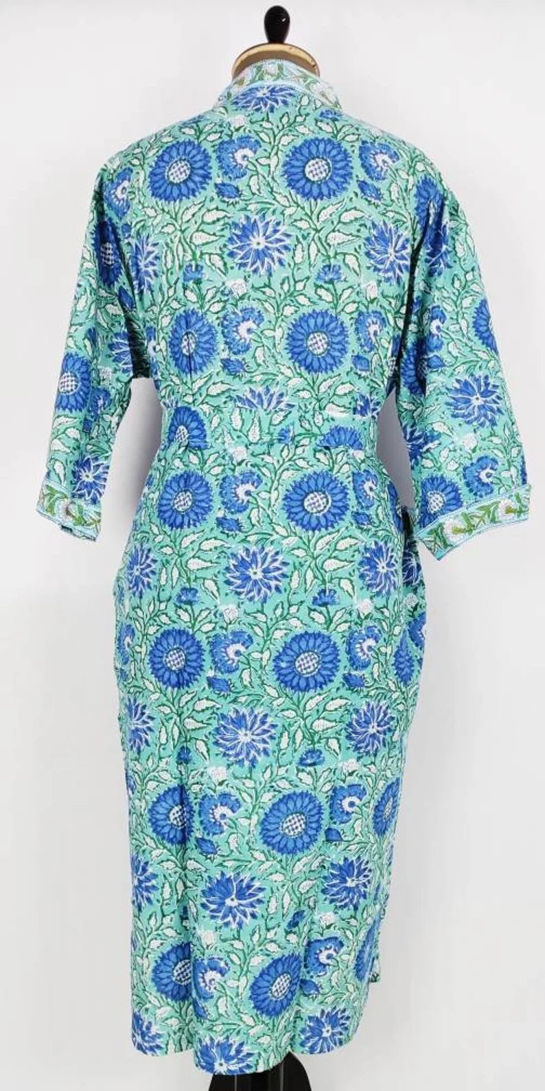 block-printed Cotton Kimono Robe in aqua green floral