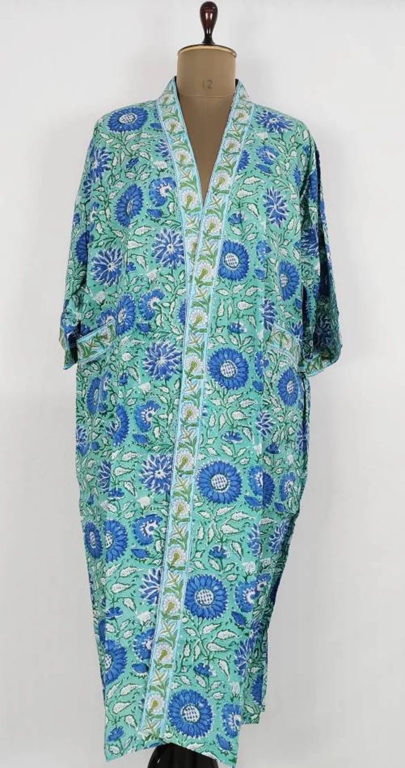 block-printed Cotton Kimono Robe in aqua green floral