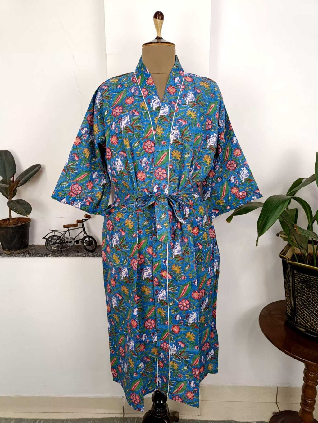 block-printed Cotton Kimono Robe in blue red floral