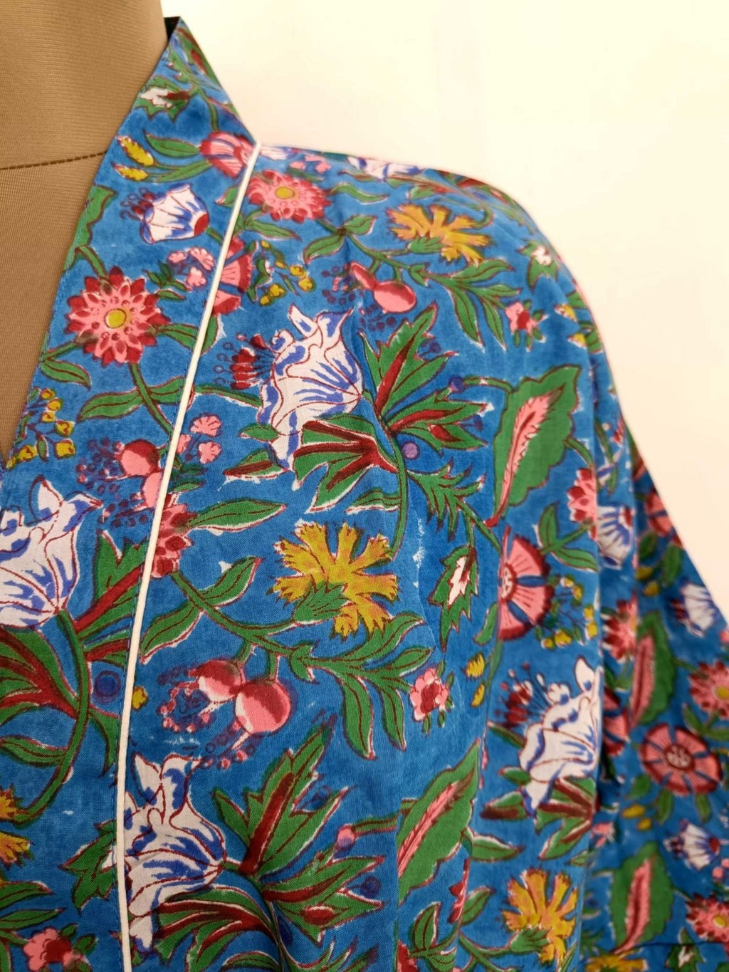 block-printed Cotton Kimono Robe in blue red floral