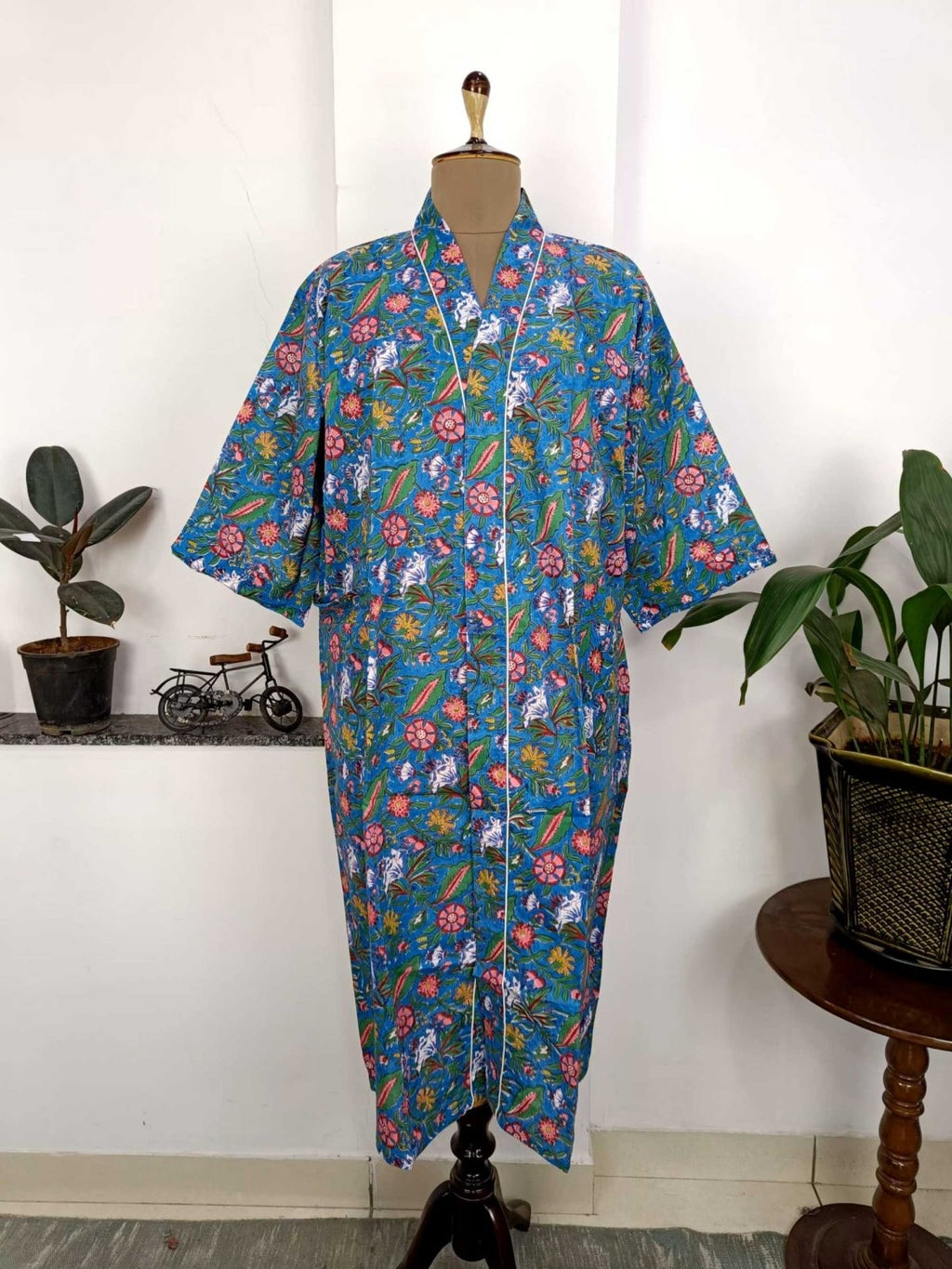 block-printed Cotton Kimono Robe in blue red floral