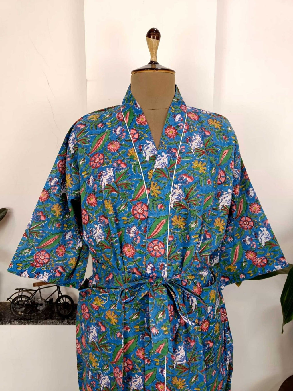block-printed Cotton Kimono Robe in blue red floral