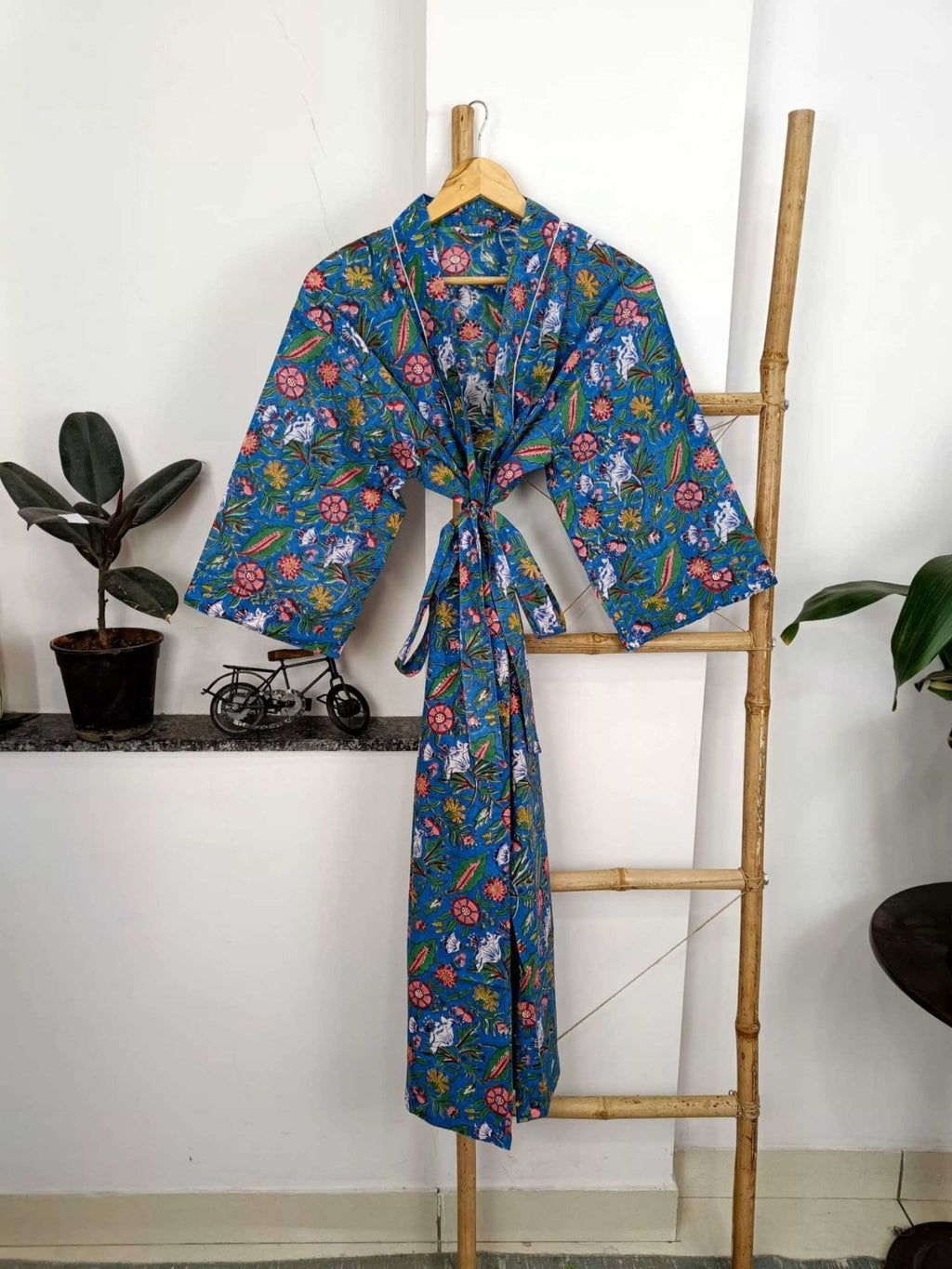 block-printed Cotton Kimono Robe in blue red floral