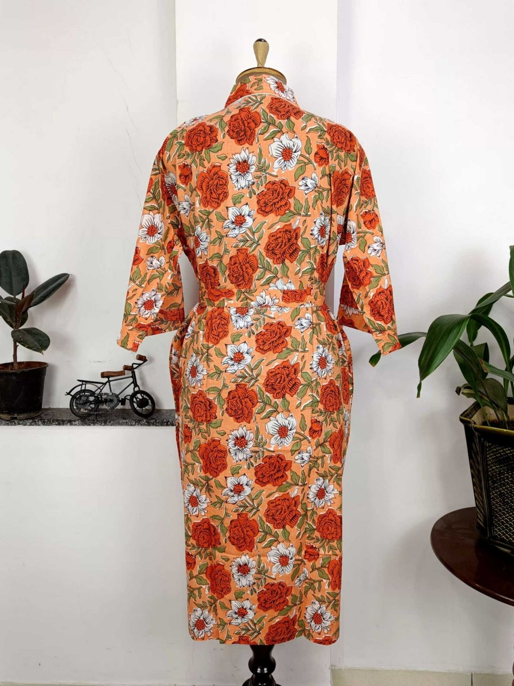 block-printed Cotton Kimono Robe in orange