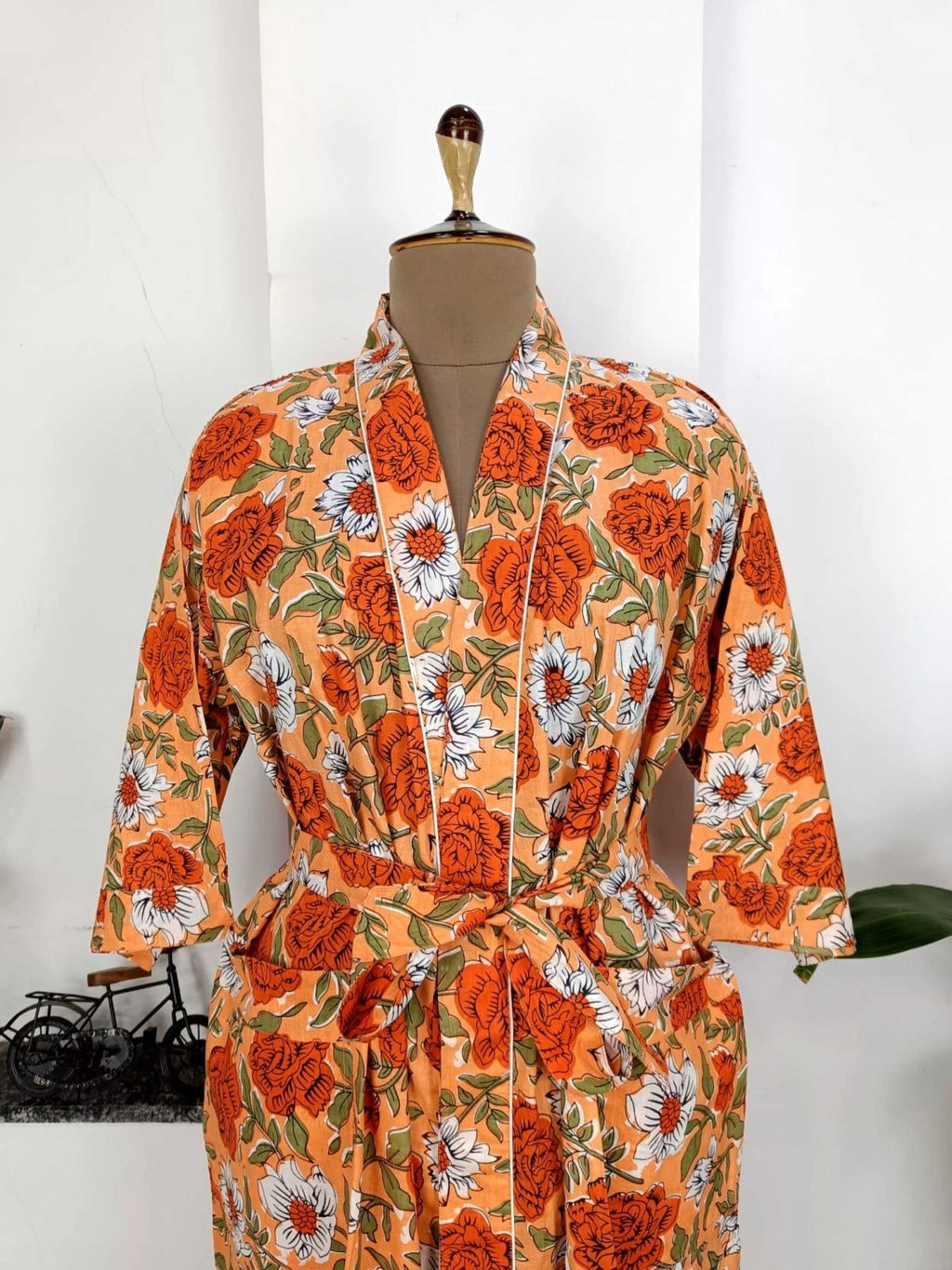 block-printed Cotton Kimono Robe in orange