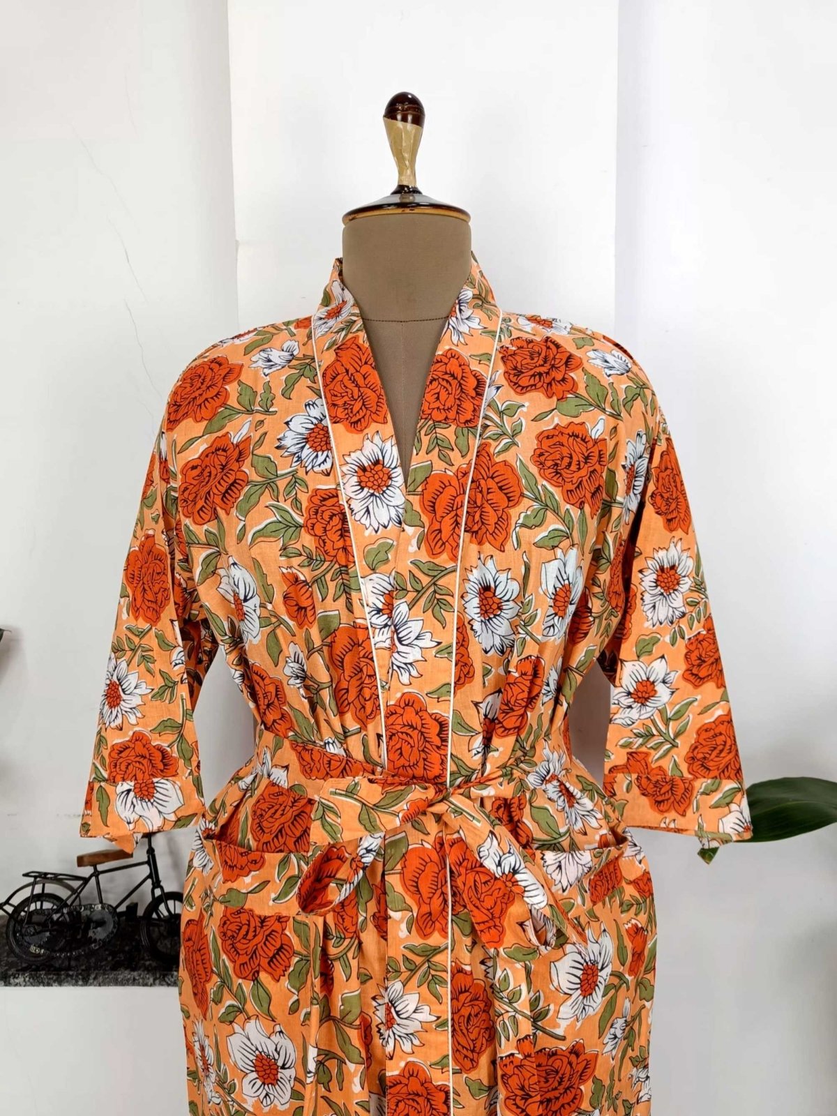 block-printed Cotton Kimono Robe in orange