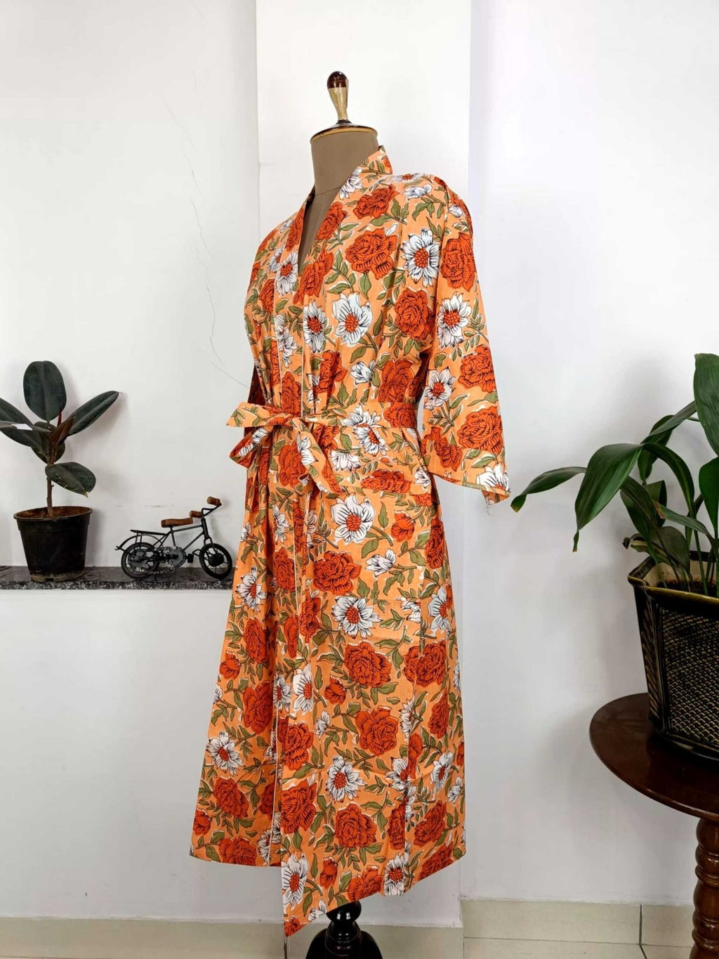 block-printed Cotton Kimono Robe in orange