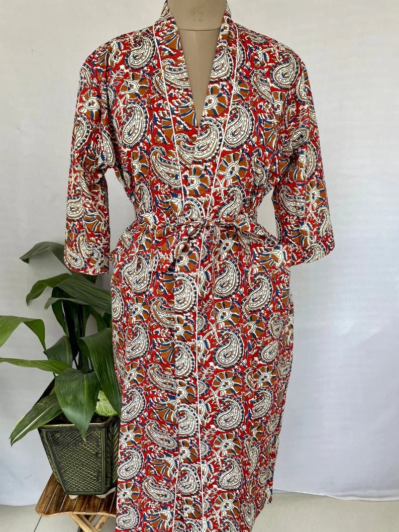 block-printed Cotton Kimono Robe in red blue paisley