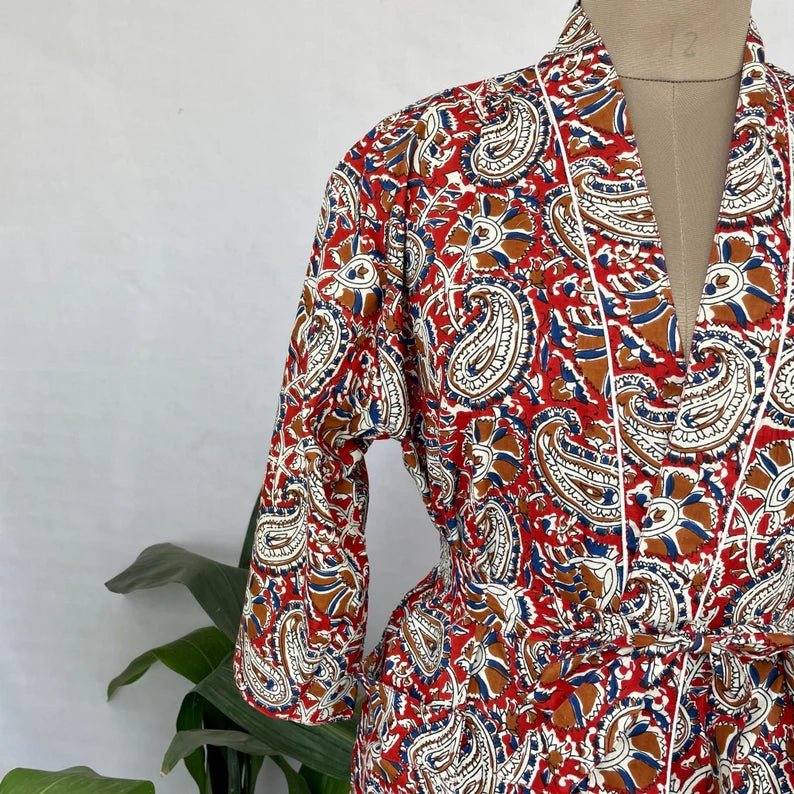 block-printed Cotton Kimono Robe in red blue paisley