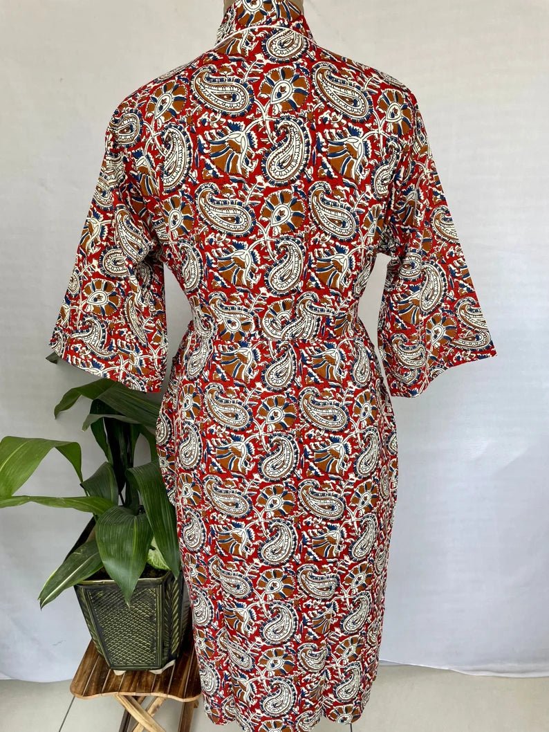 block-printed Cotton Kimono Robe in red blue paisley