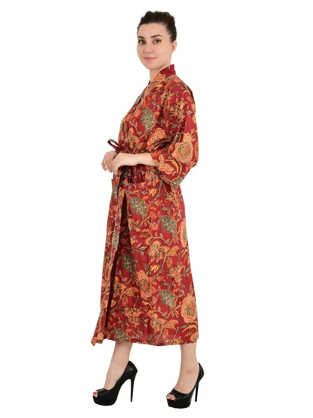 block-printed Cotton Kimono Robe in red green floral