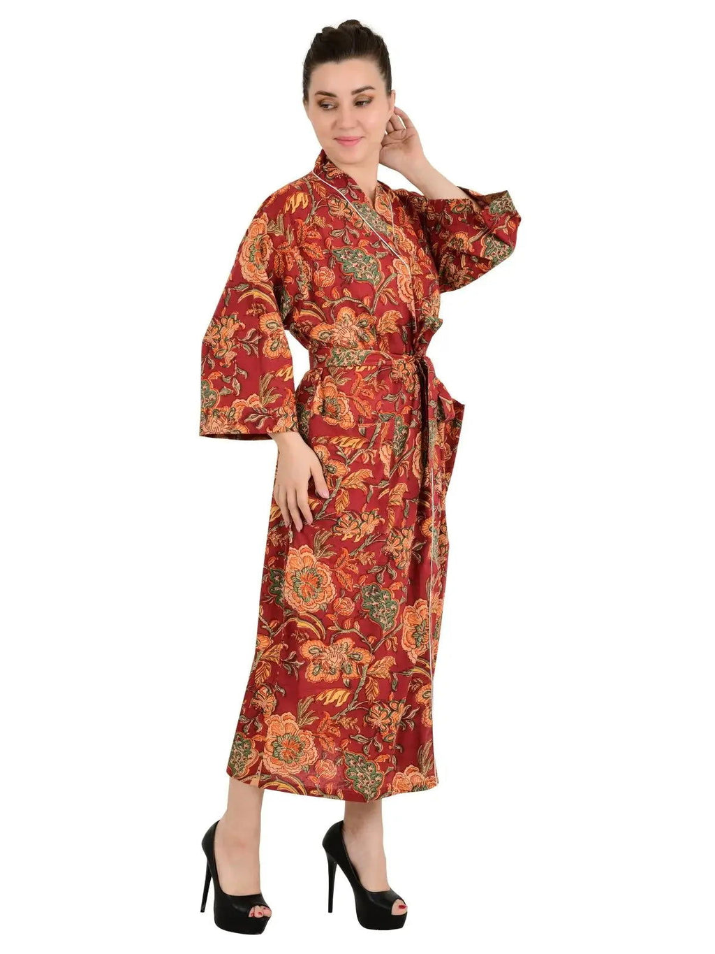 block-printed Cotton Kimono Robe in red green floral