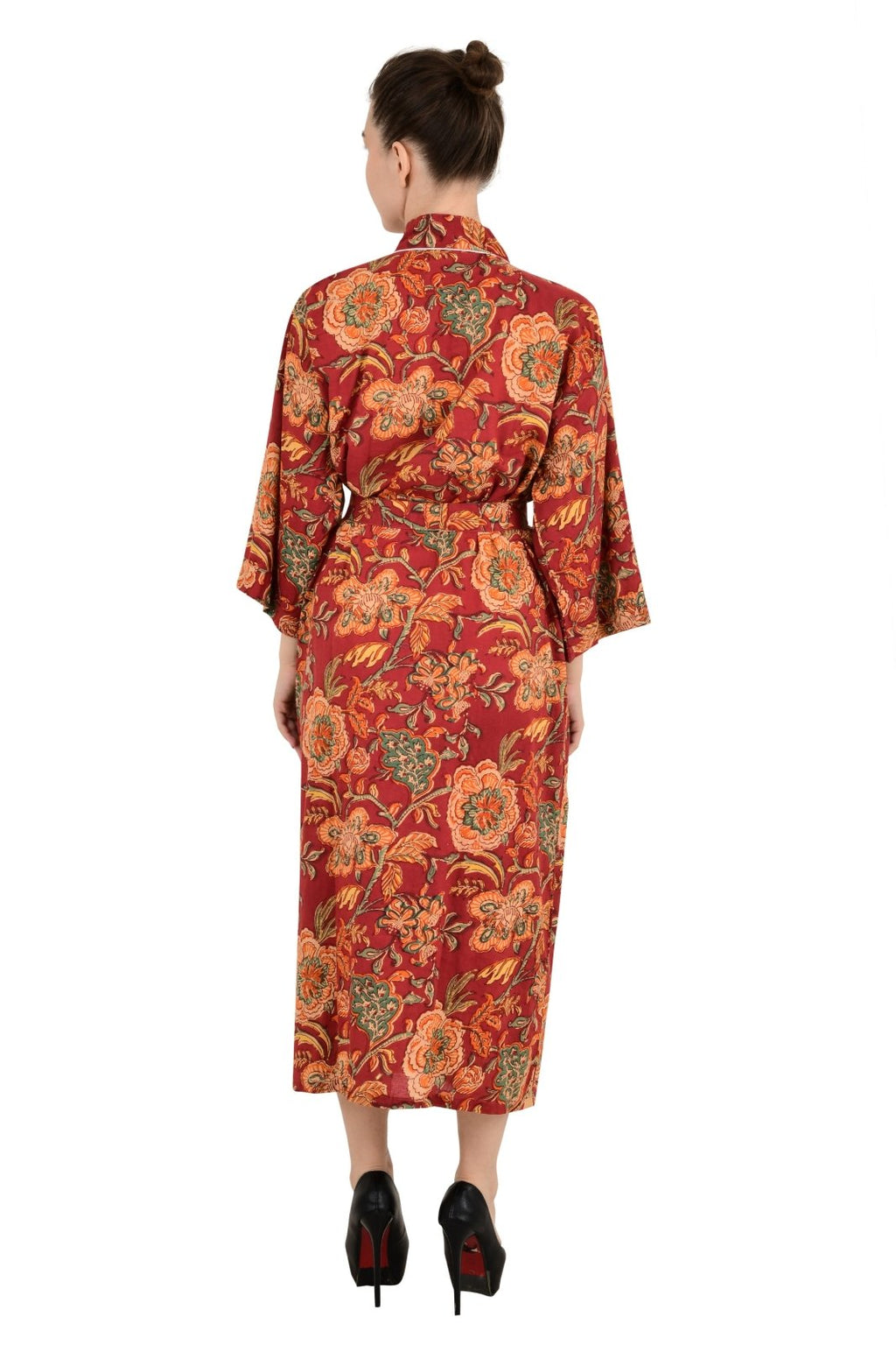 block-printed Cotton Kimono Robe in red green floral