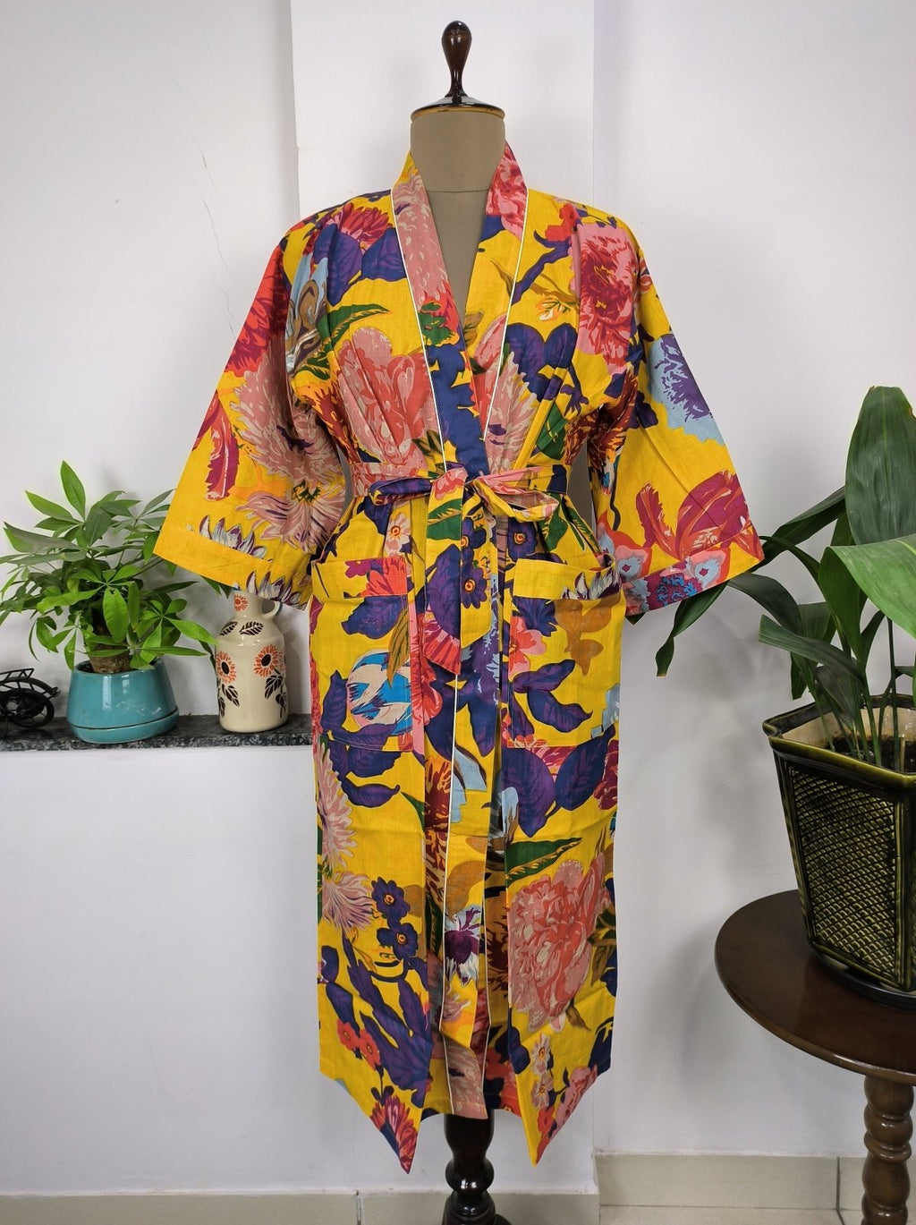 block-printed Cotton Kimono Robe in yellow