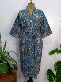 block-printed Cotton Kimono Robe in blue paisley