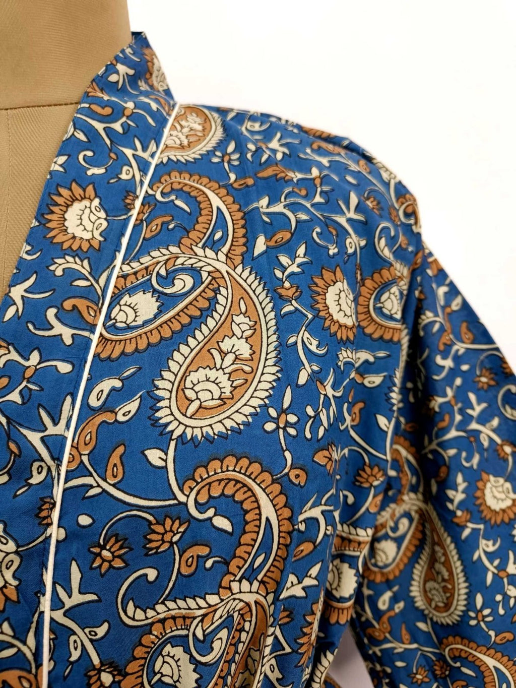 block-printed Cotton Kimono Robe in blue paisley