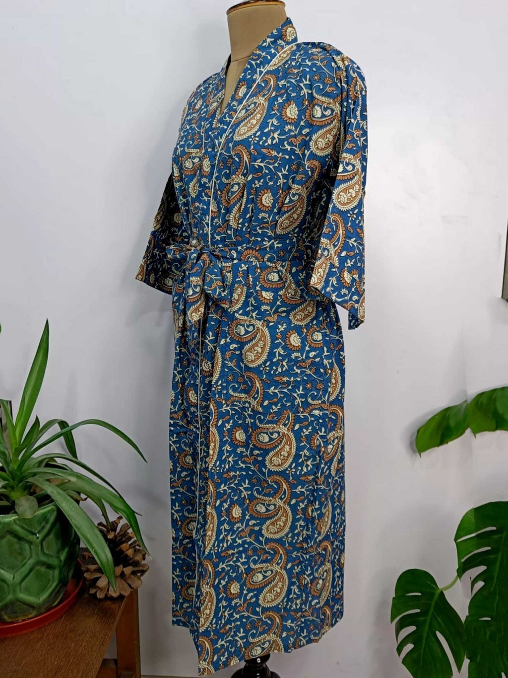 block-printed Cotton Kimono Robe in blue paisley