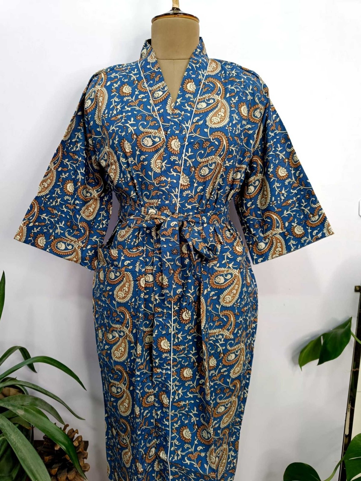 block-printed Cotton Kimono Robe in blue paisley