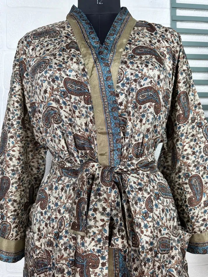 Women's Recycled Silk Kimono Robe in beige brown