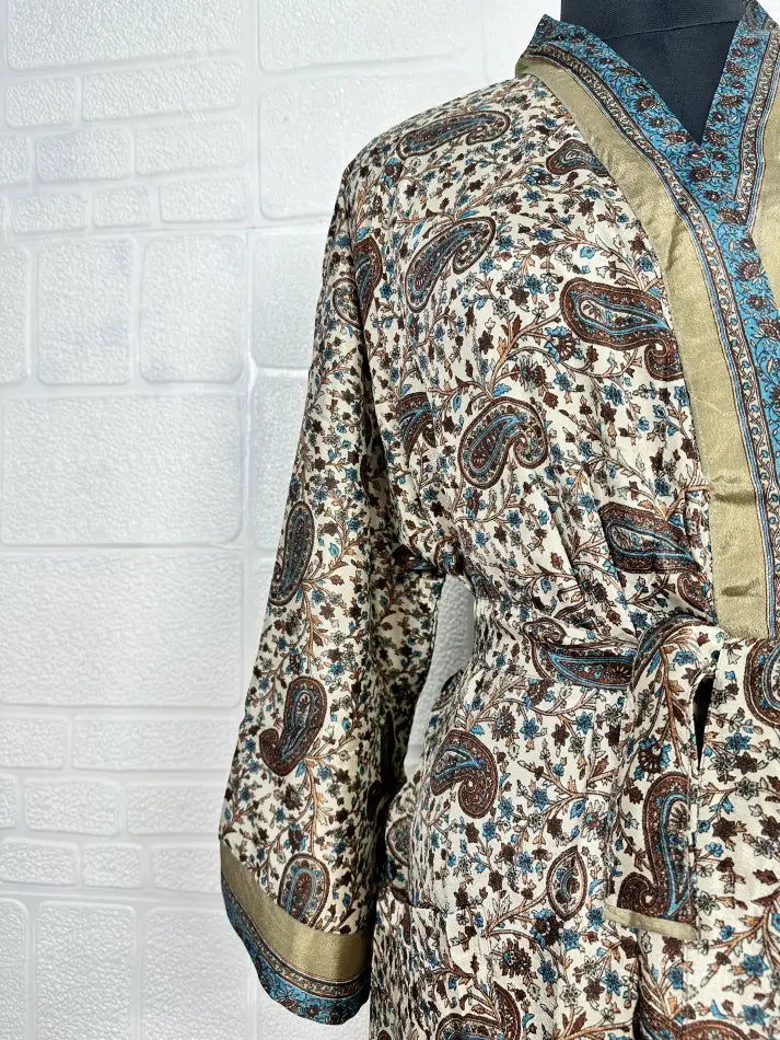Women's Recycled Silk Kimono Robe in beige brown