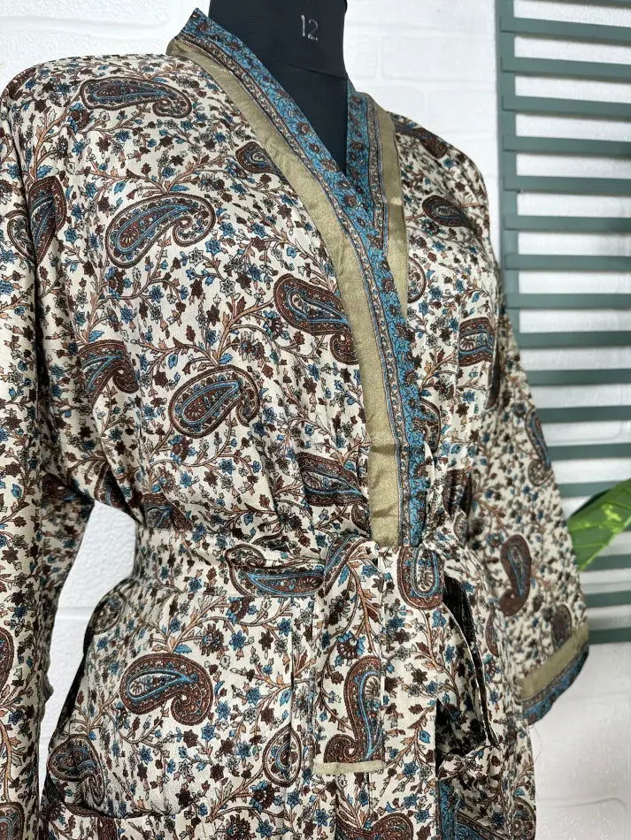 Women's Recycled Silk Kimono Robe in beige brown