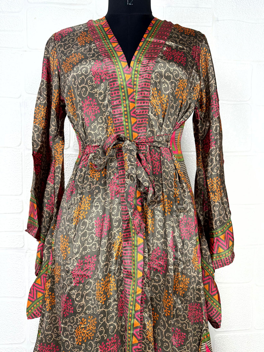 Women's Recycled Silk Kimono Robe in brown floral