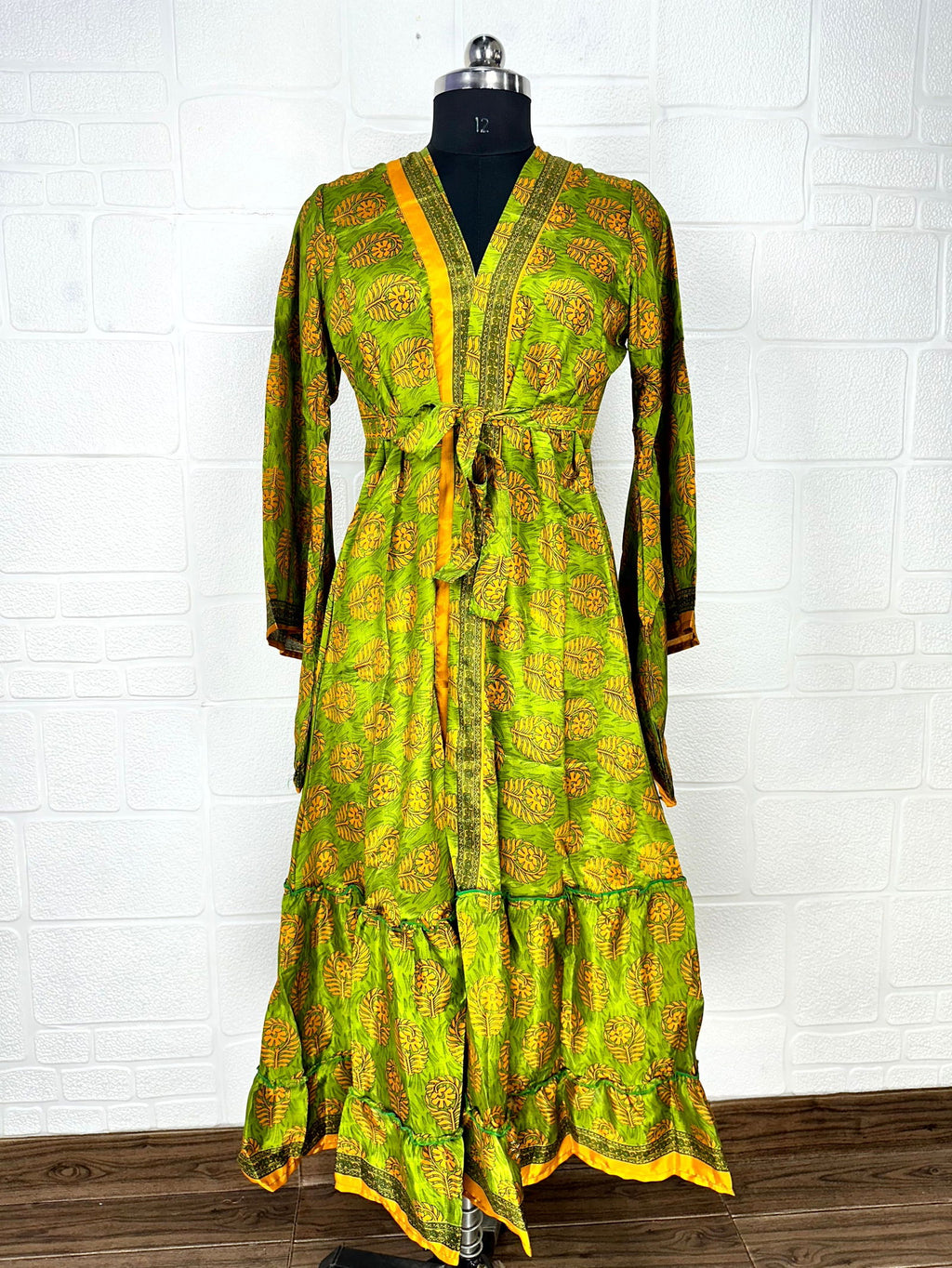 Women's Recycled Silk Kimono Robe in green yellow floral