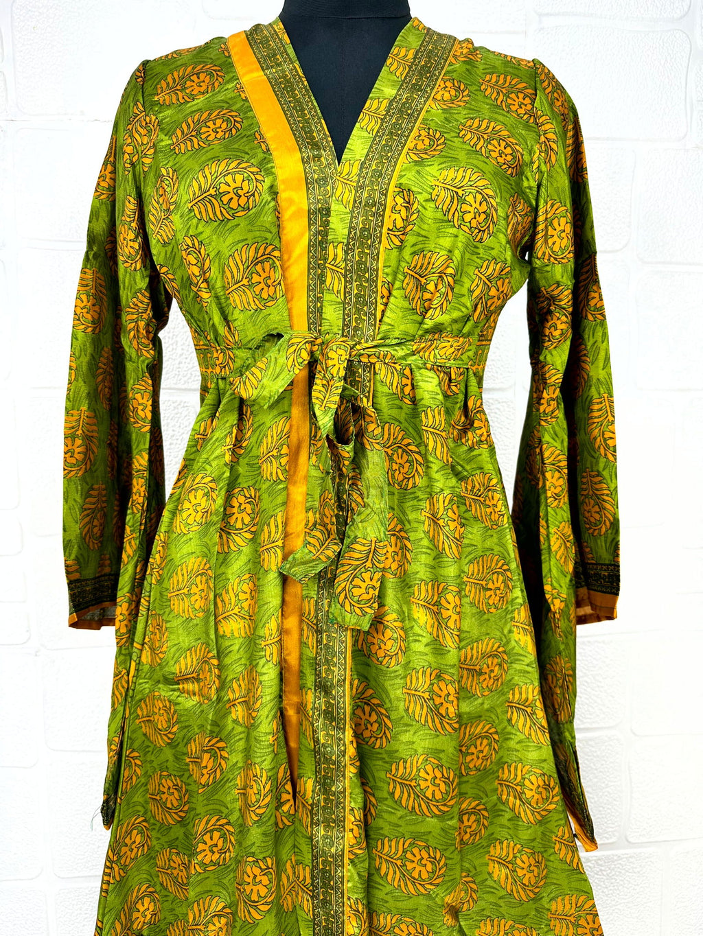 Women's Recycled Silk Kimono Robe in green yellow floral