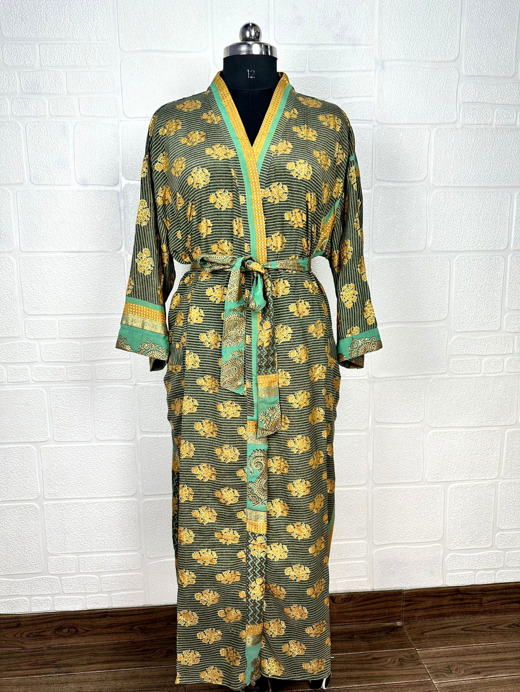 Women's Recycled Silk Kimono Robe in green yellow floral