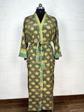 Women's Recycled Silk Kimono Robe in green yellow floral