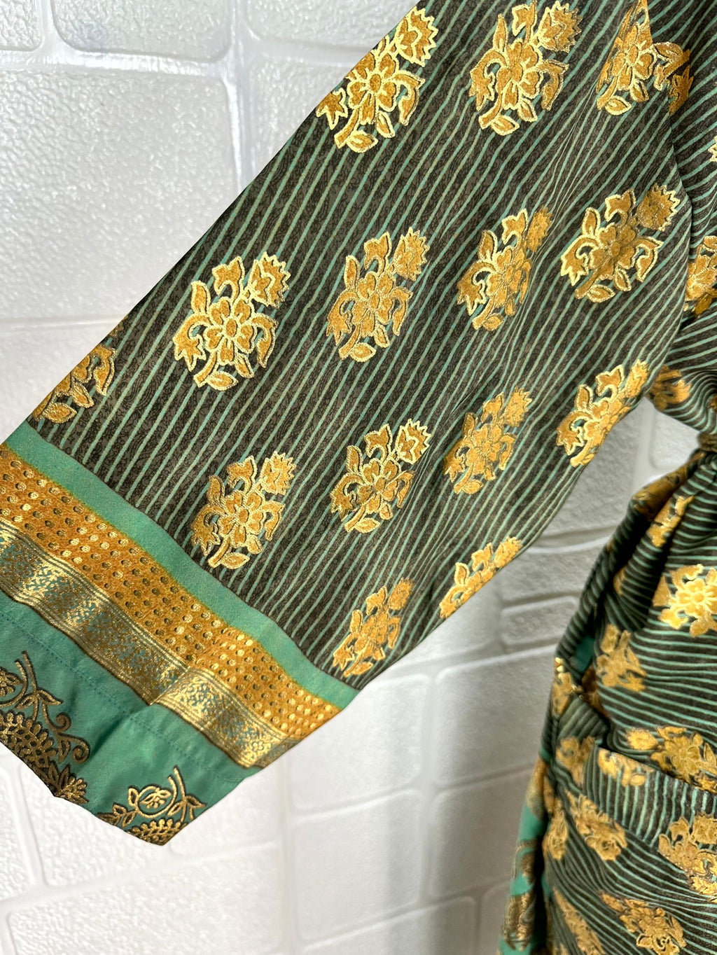 Women's Recycled Silk Kimono Robe in green yellow floral