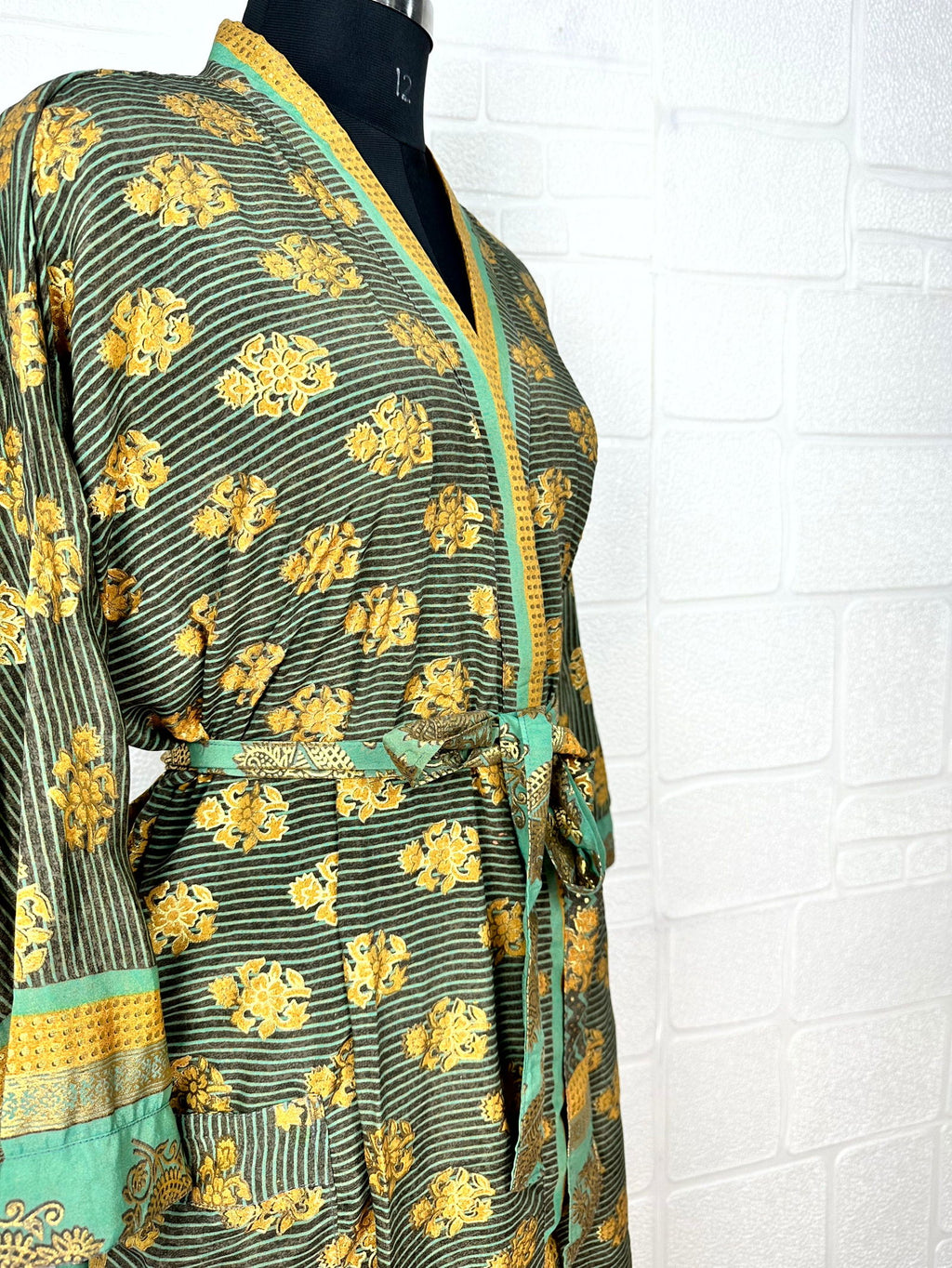 Women's Recycled Silk Kimono Robe in green yellow floral