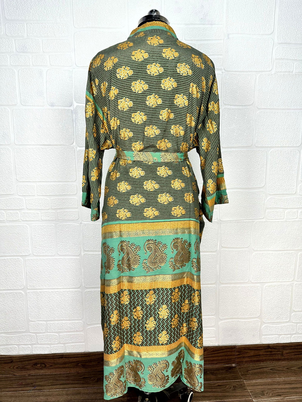 Women's Recycled Silk Kimono Robe in green yellow floral