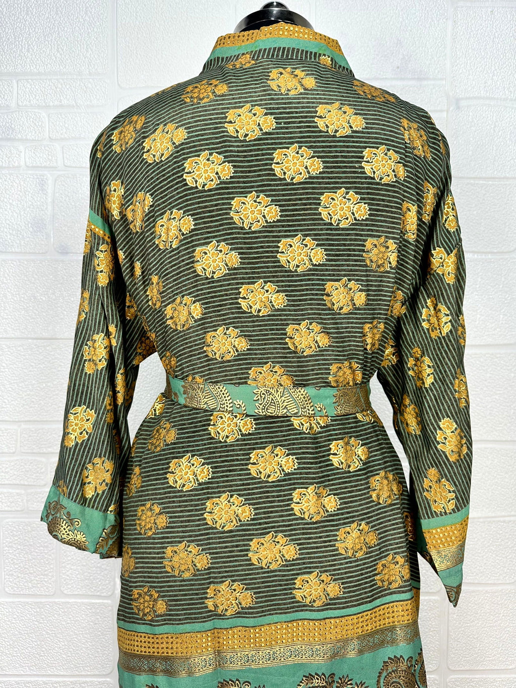 Women's Recycled Silk Kimono Robe in green yellow floral