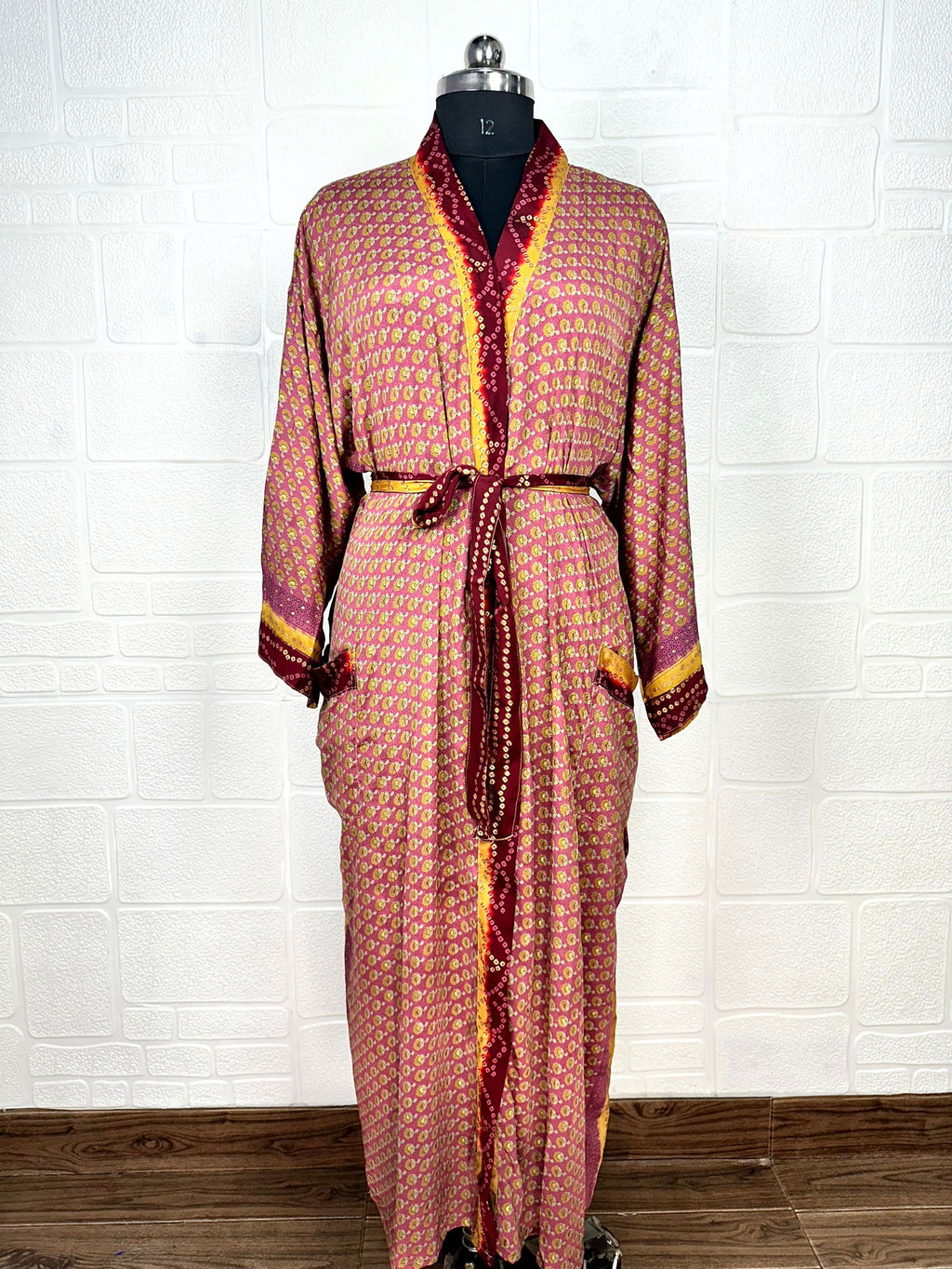 Women's Recycled Silk Kimono Robe in maroon floral