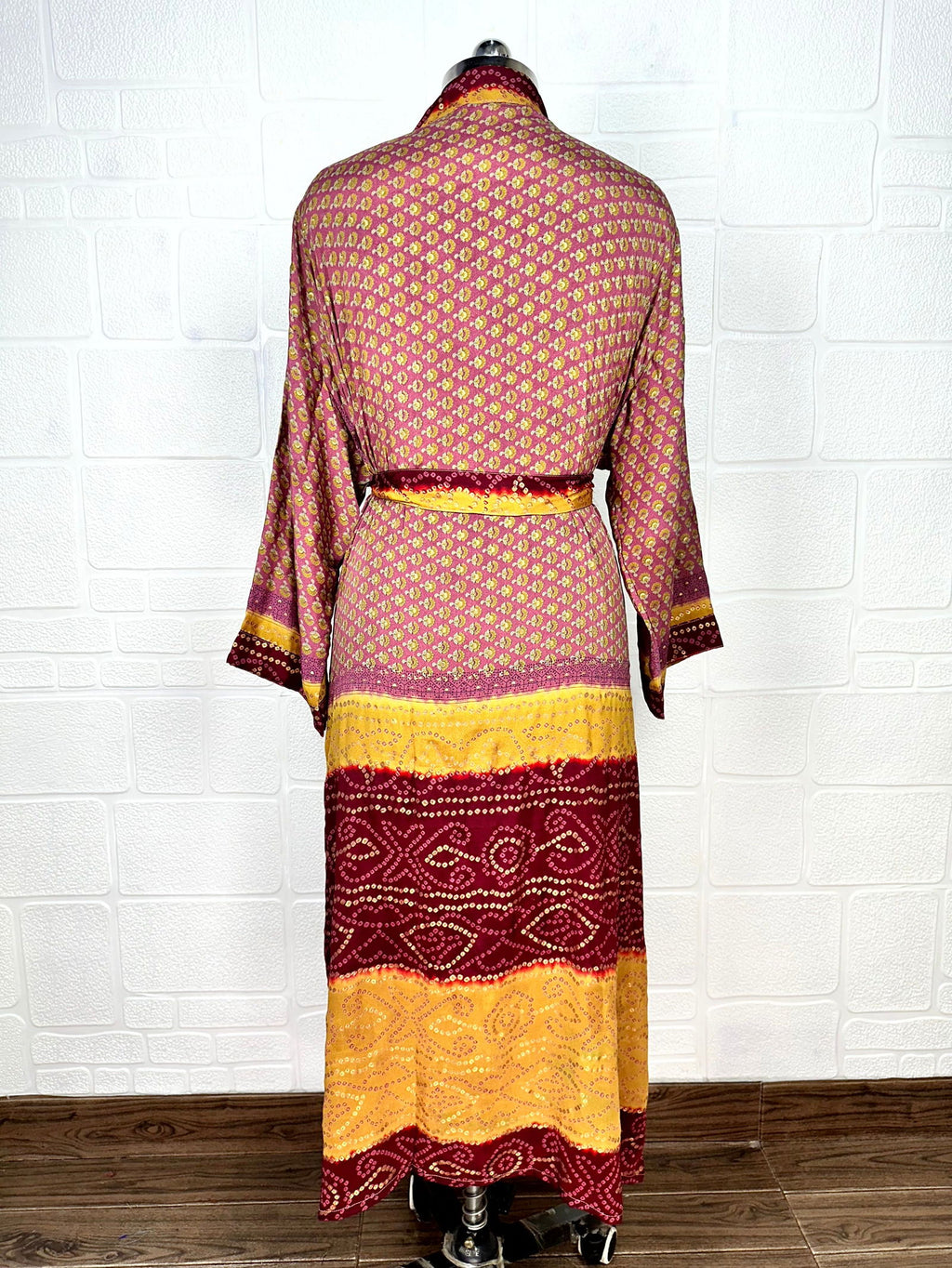 Women's Recycled Silk Kimono Robe in maroon floral