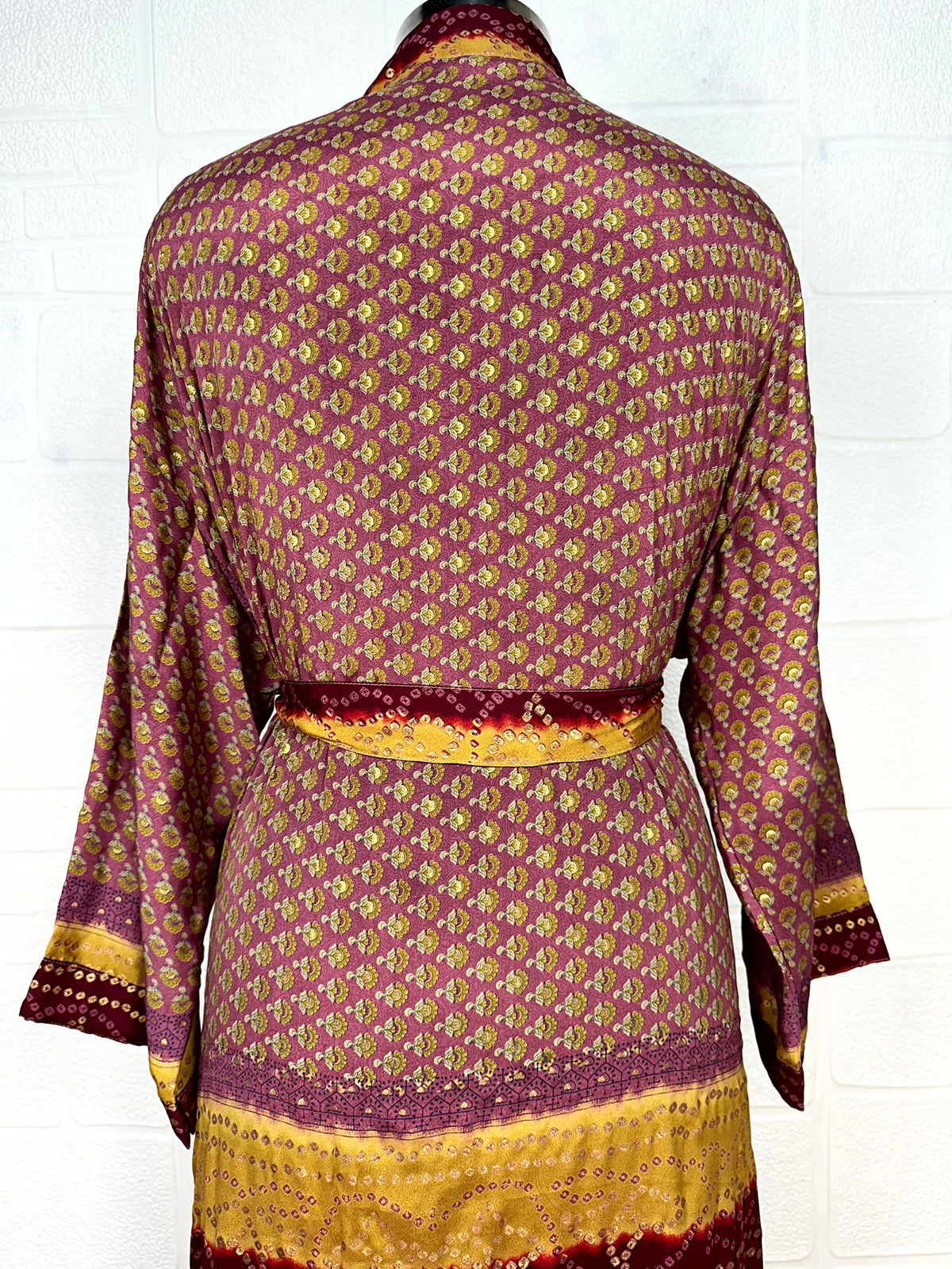Women's Recycled Silk Kimono Robe in maroon floral