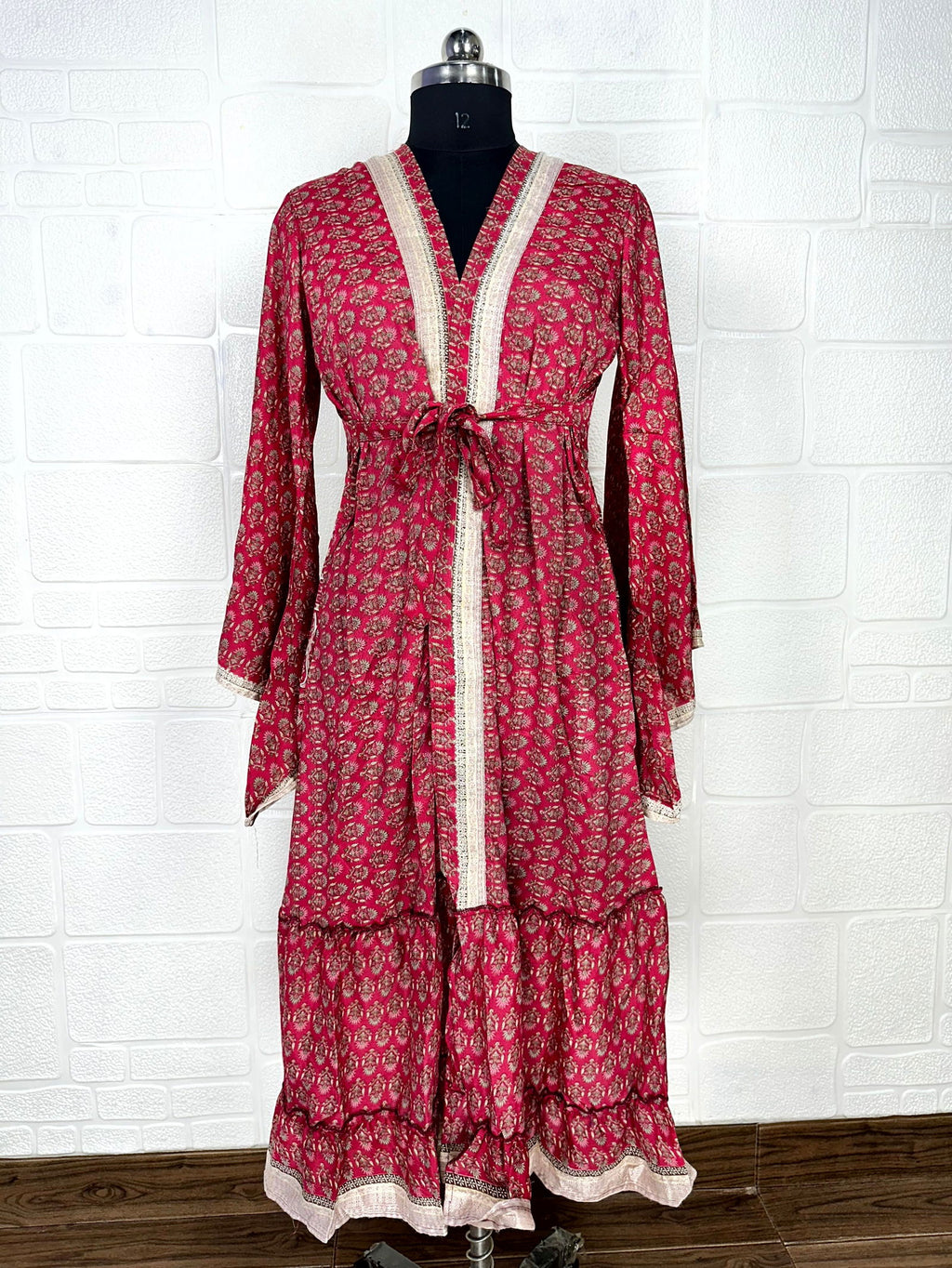 Women's Recycled Silk Kimono Robe in red floral