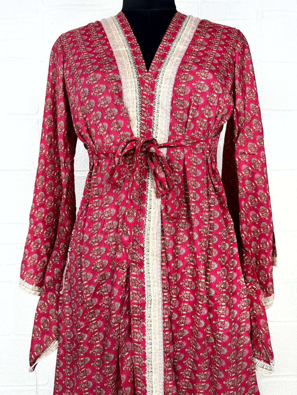 Women's Recycled Silk Kimono Robe in red floral